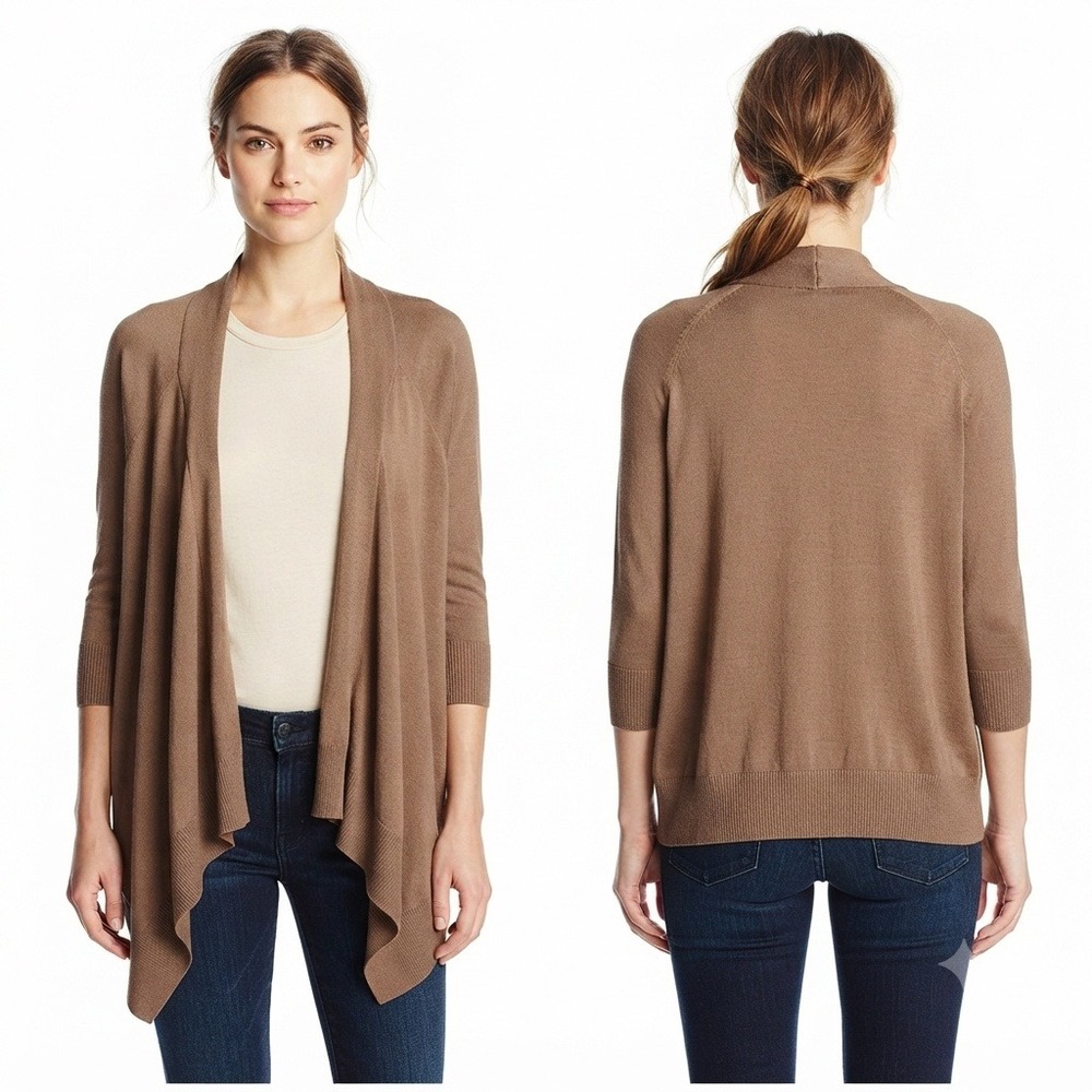 August Silk Cardigan Womans XL Brown Open Front Silk Cotton Blend 3/4 Sleeve